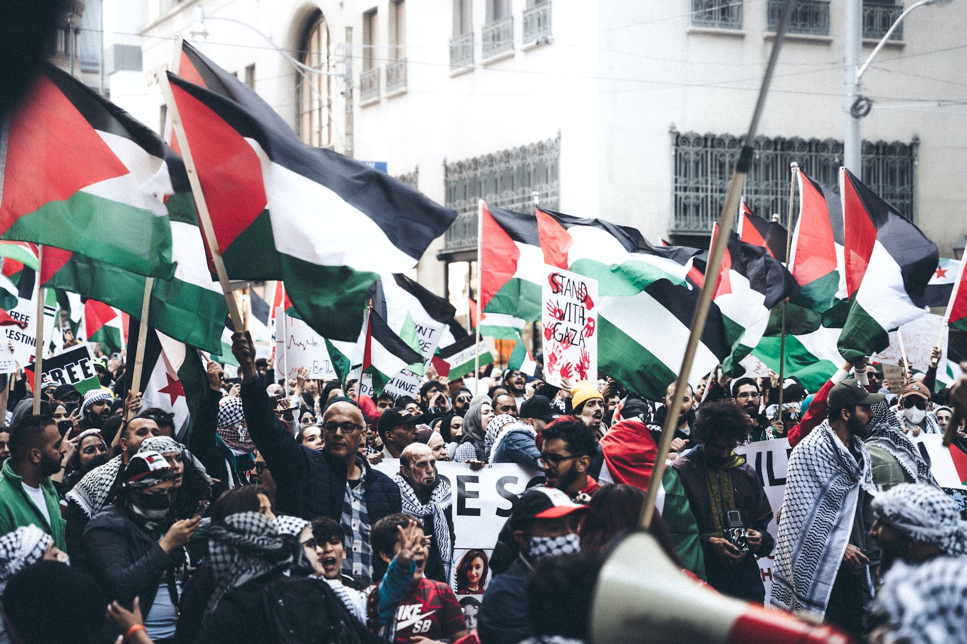 crowd of protesters with palestinian flags