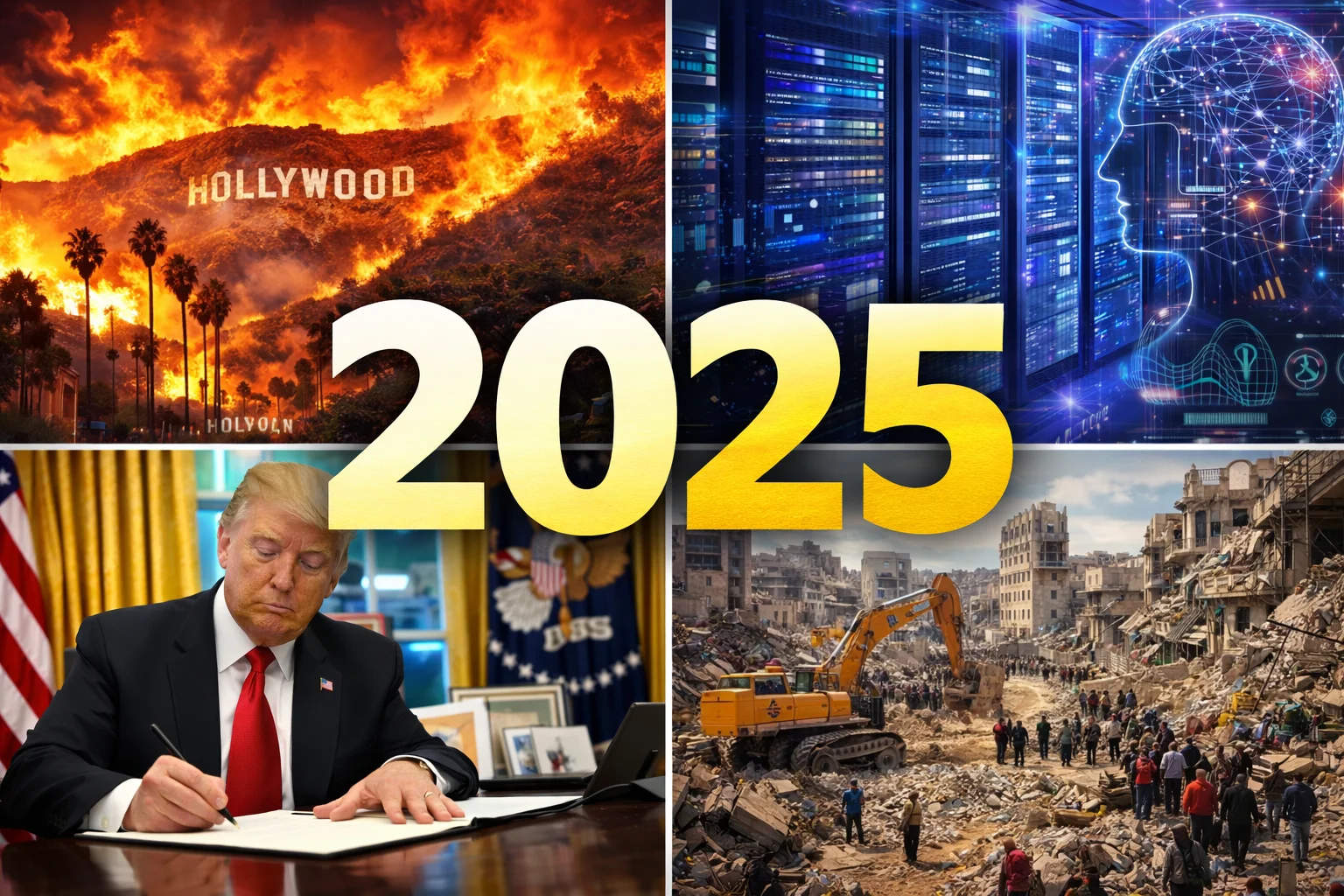 Defining moments of 2025 including climate disasters, technological transformation, political upheaval, and conflict resolution attempts
